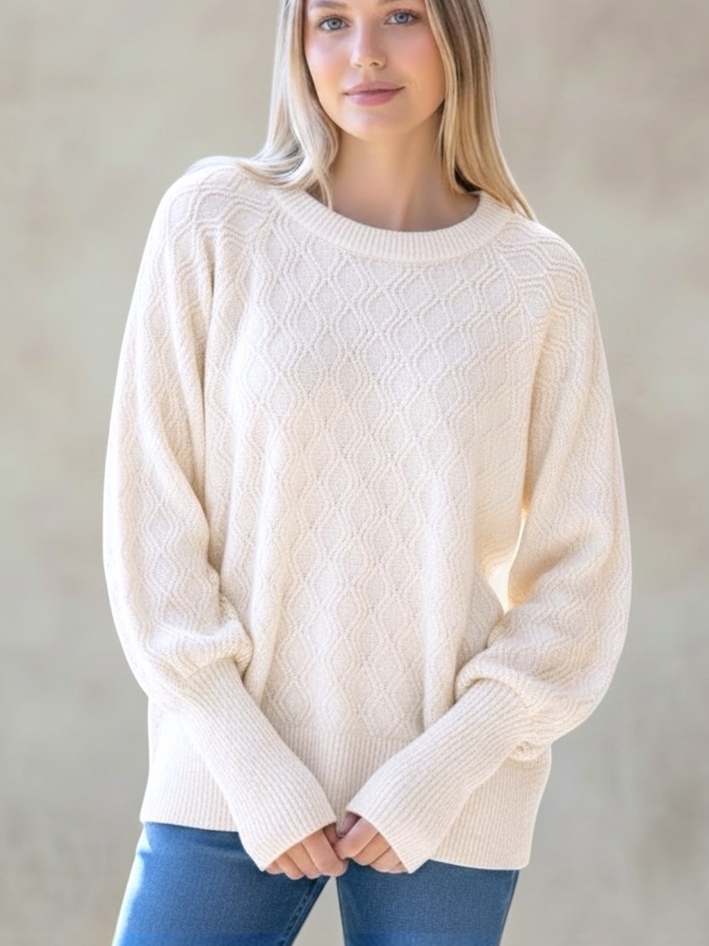 Vince Camuto Cream Lattice Textured Knit Balloon Sleeve Sweater Women’s Size S